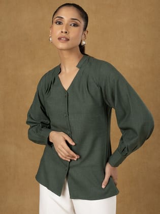 Green Mandarin Collar Pleated Top-XS