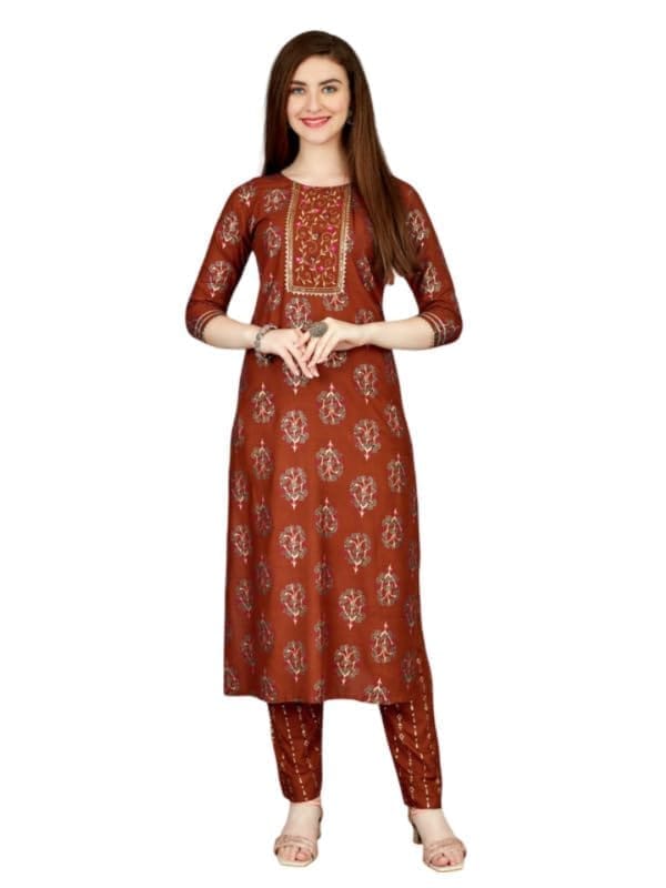 Women's Casual 3-4 th Sleeve Embroidery Rayon Kurti Pant Set (Brown, L)-PID50279