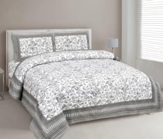 Elegant Floral Print Bedsheet Set - Grey & White