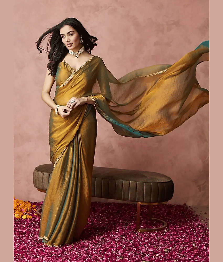 Aika Chiffon Solid Saree With Unstitched Blouse Piece ( Gold )