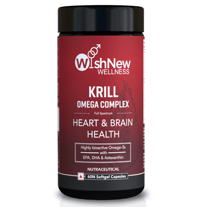 WishNew Wellness Krill Omega Complex for Heart & Brain Health, 60 Enhanced Absorption Softgels with 2000mg Fish Oil & 250mg Krill, Rich in EPA & DHA Plus Astaxanthin