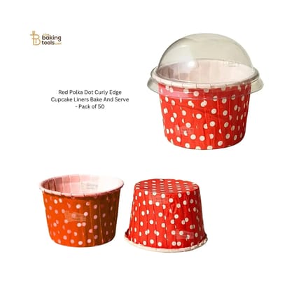 Red Polka Dot Curly Edge Cupcake Liners Bake And Serve Muffin Cup - Pack of 50-Without Lid or Cover