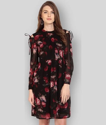 Rare Women Polyester Printed Fit & Flare Dress ( Black )