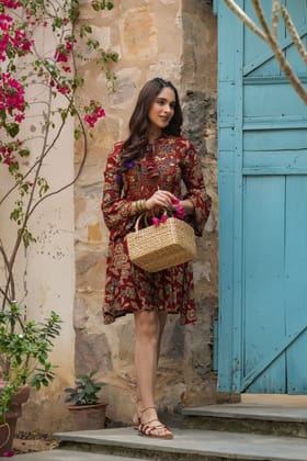 Whimsical Waves: Rayon Printed Short Dress