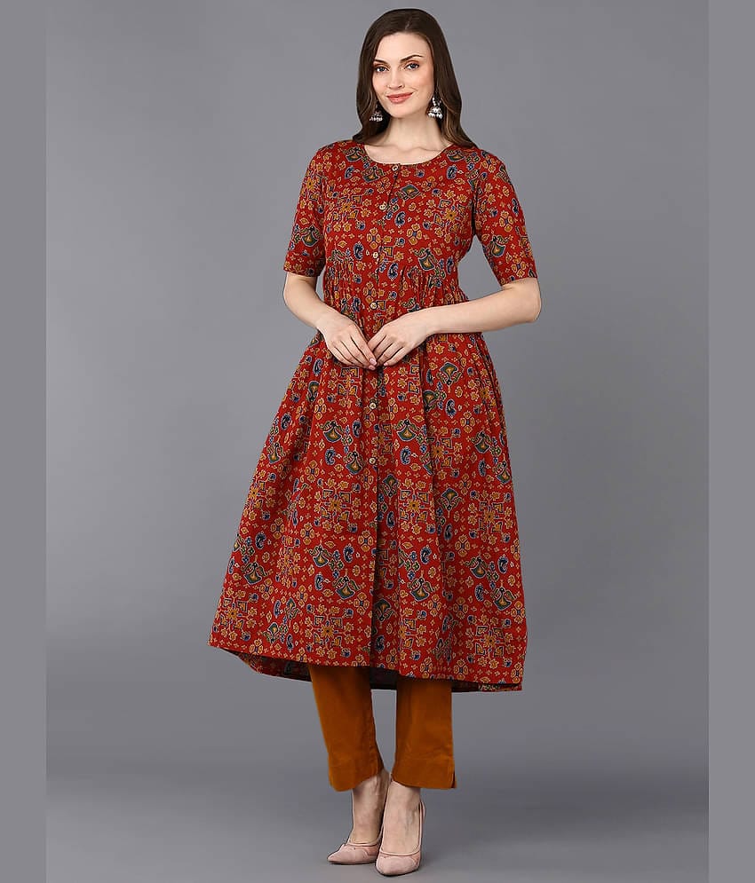 Vaamsi Cotton Printed Tiered Flared Women's Kurti - Red ( Pack of 1 )