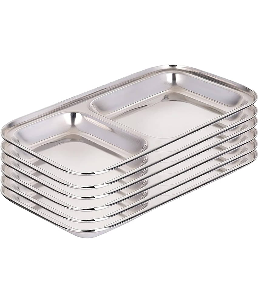 Dynore Stainless Steel 2 in 1 Partition Plate for Kitchen Serving, 22cm Length per unit, (Pack of 6)