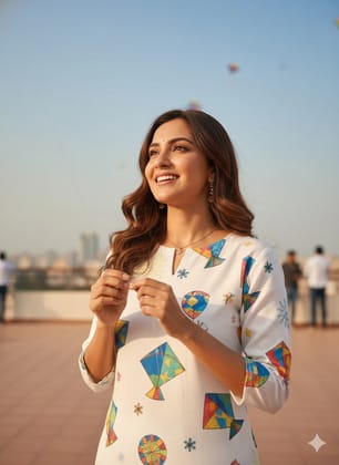 Festive wear Womens White Cotton Blend Kite Print Kurti