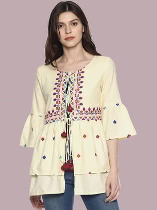 Off White Organic Cotton Shrug With Embroidery-L
