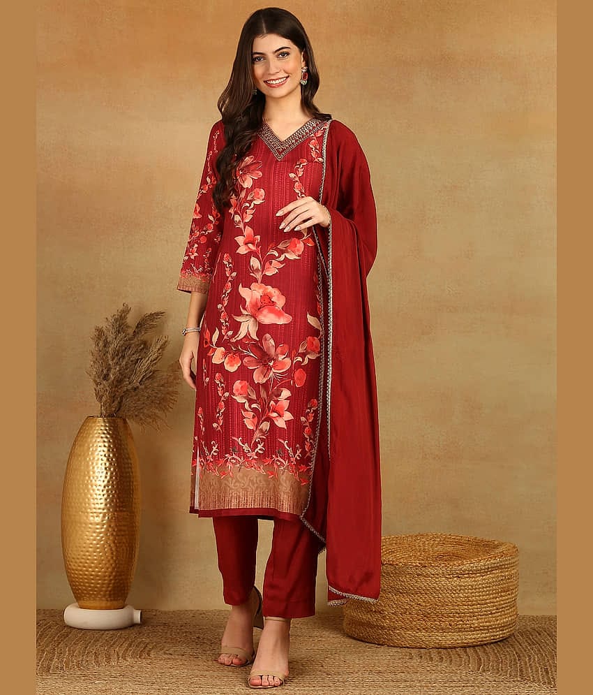 Vaamsi Rayon Printed Kurti With Pants Women's Stitched Salwar Suit - Maroon ( Pack of 1 )