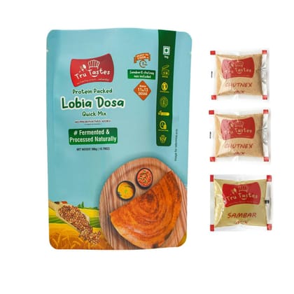 Tru Tastes Lobia Dosa Quick Mix with Sambar,Chutney and Penut Chutney, Fermented and Processed Naturally, Complete Breakfast Kit, Can Make 13 Dosas
