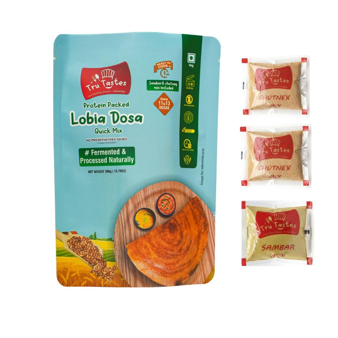 Tru Tastes Lobia Dosa Quick Mix with Sambar,Chutney and Penut Chutney, Fermented and Processed Naturally, Complete Breakfast Kit, Can Make 13 Dosas