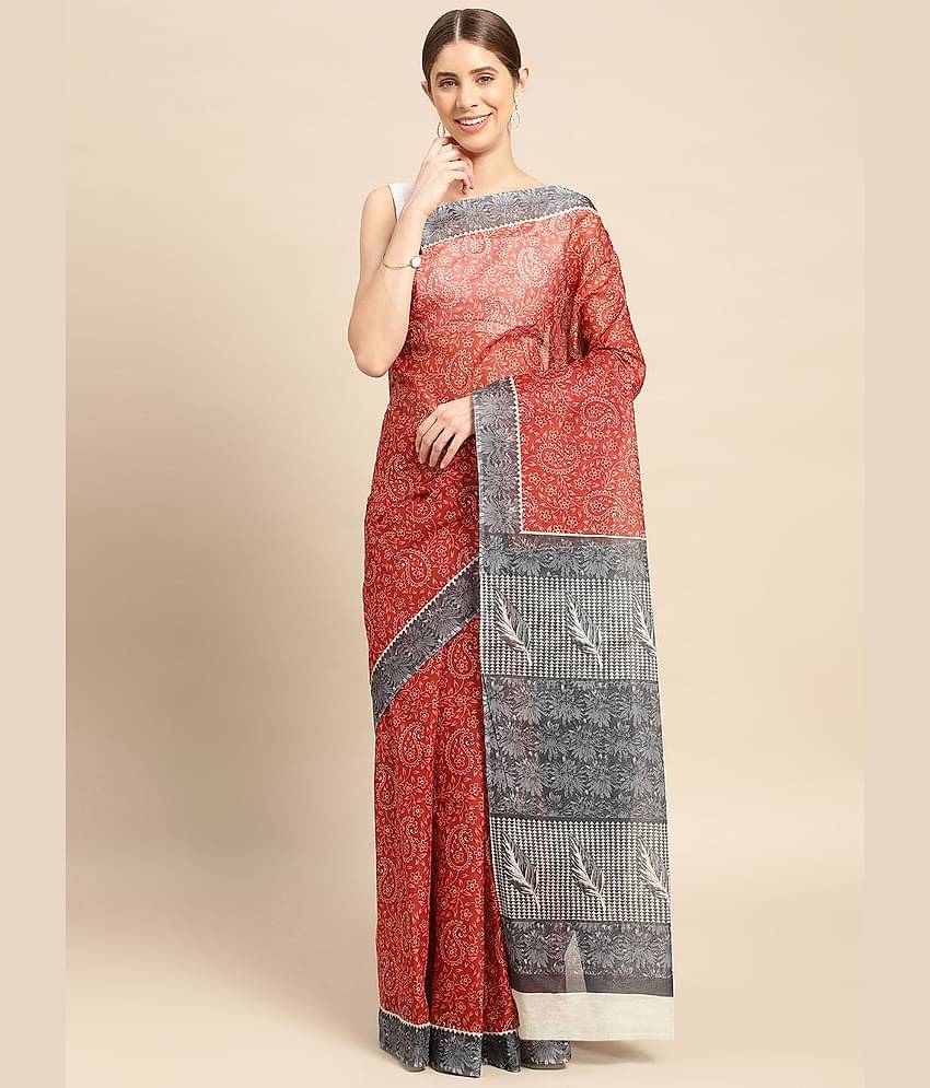 SHANVIKA Cotton Printed Saree Without Blouse Piece ( Red )