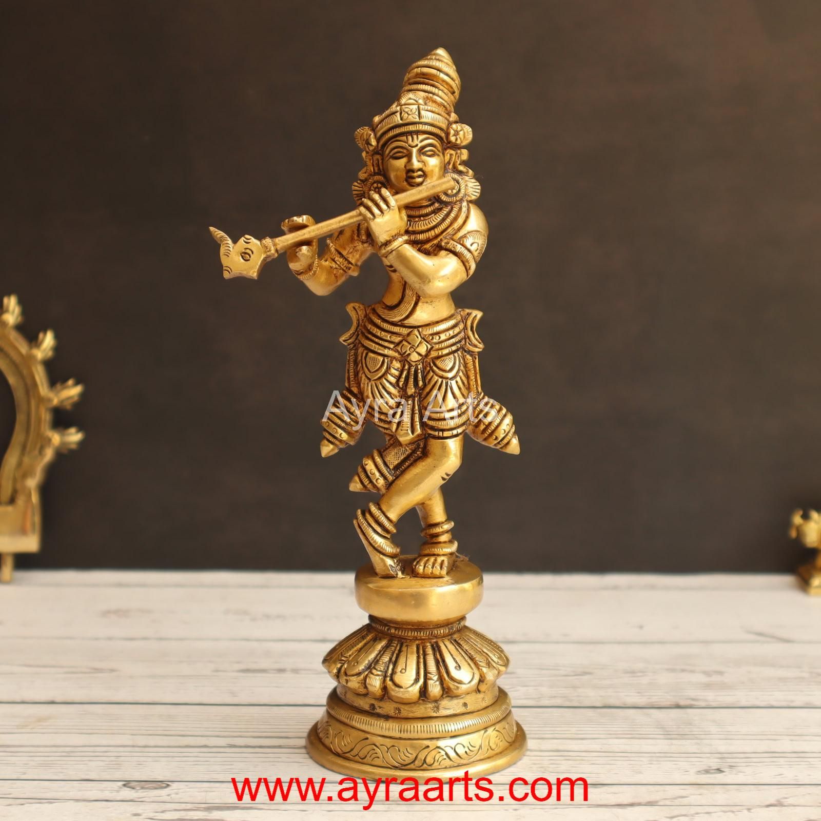 Lord Krishna Playing Flute Brass Statues - 8.5 Inch Height