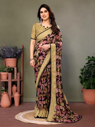 Shiv Textiles Women's Premium Georgette Saree in Elegant Brown Color with Stylish Printed Design Lightweight Party Wear Ethnic Drape Includes Unstitched Blouse Piece Soft Synthetic Fabric Traditional Indian Fashion