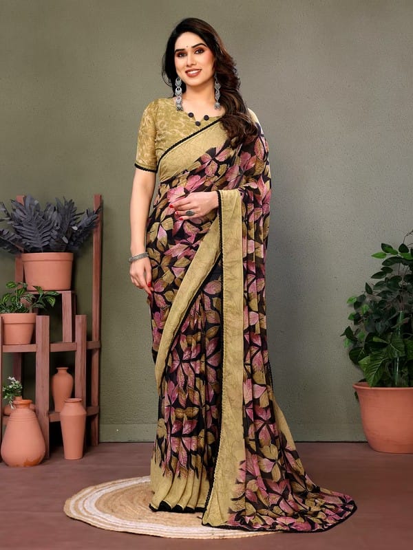 Shiv Textiles Women's Premium Georgette Saree in Elegant Brown Color with Stylish Printed Design Lightweight Party Wear Ethnic Drape Includes Unstitched Blouse Piece Soft Synthetic Fabric Traditional Indian Fashion