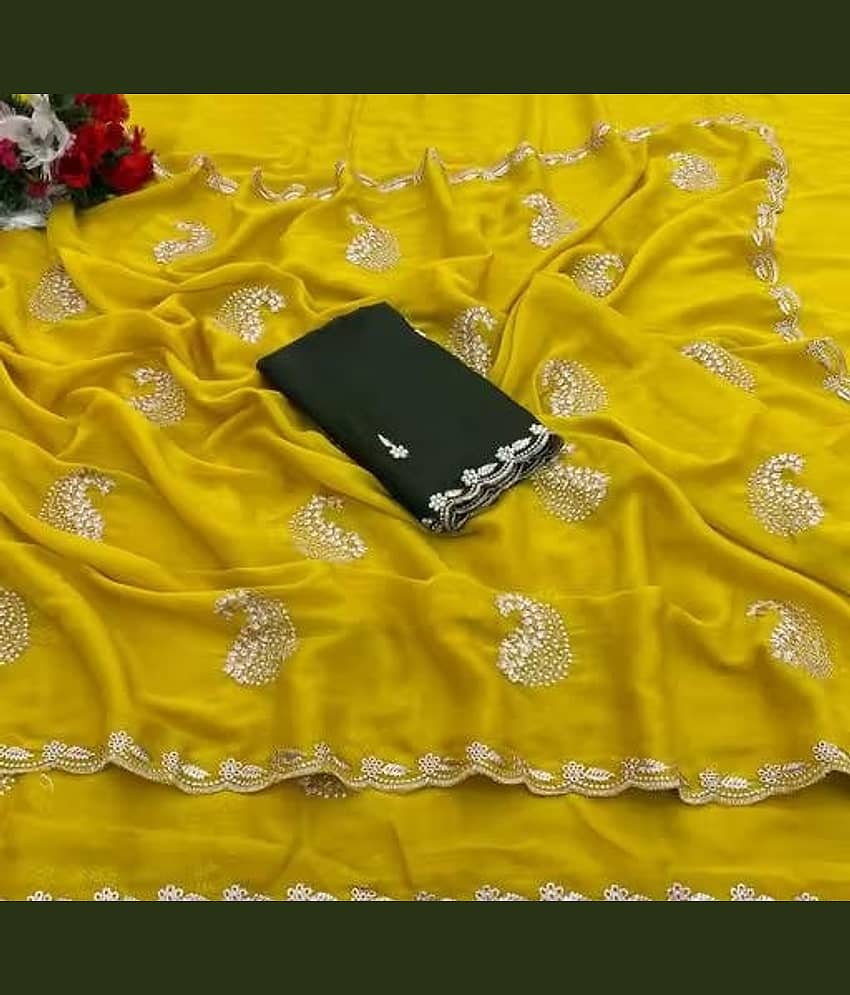 Sitanjali Georgette Embellished Regular Saree With Unstitched Blouse Piece ( Yellow )