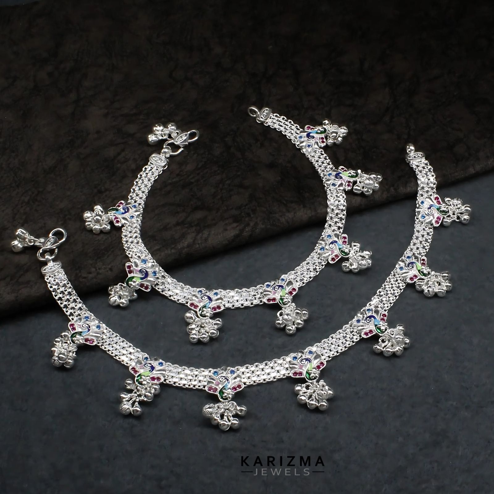 Real Sterling Silver Pink CZ Indian Bridal women Peacock design Anklet Ankle Bracelet 10.2"
