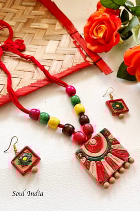 Handmade Warli  Terracotta Jewellery Set - Red