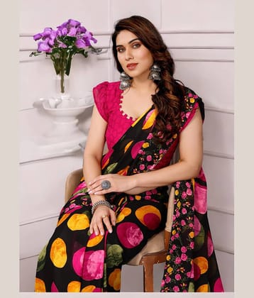 TTH Georgette Printed Saree With Unstitched Blouse Piece ( Pink )