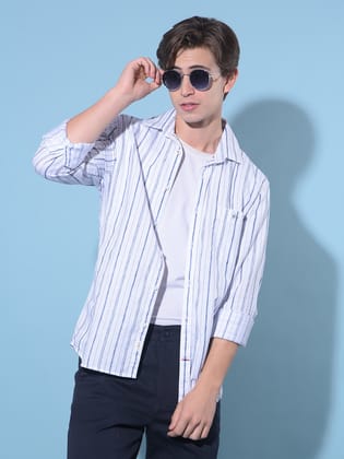 White Vertical Striped Cotton Shirt-M / White