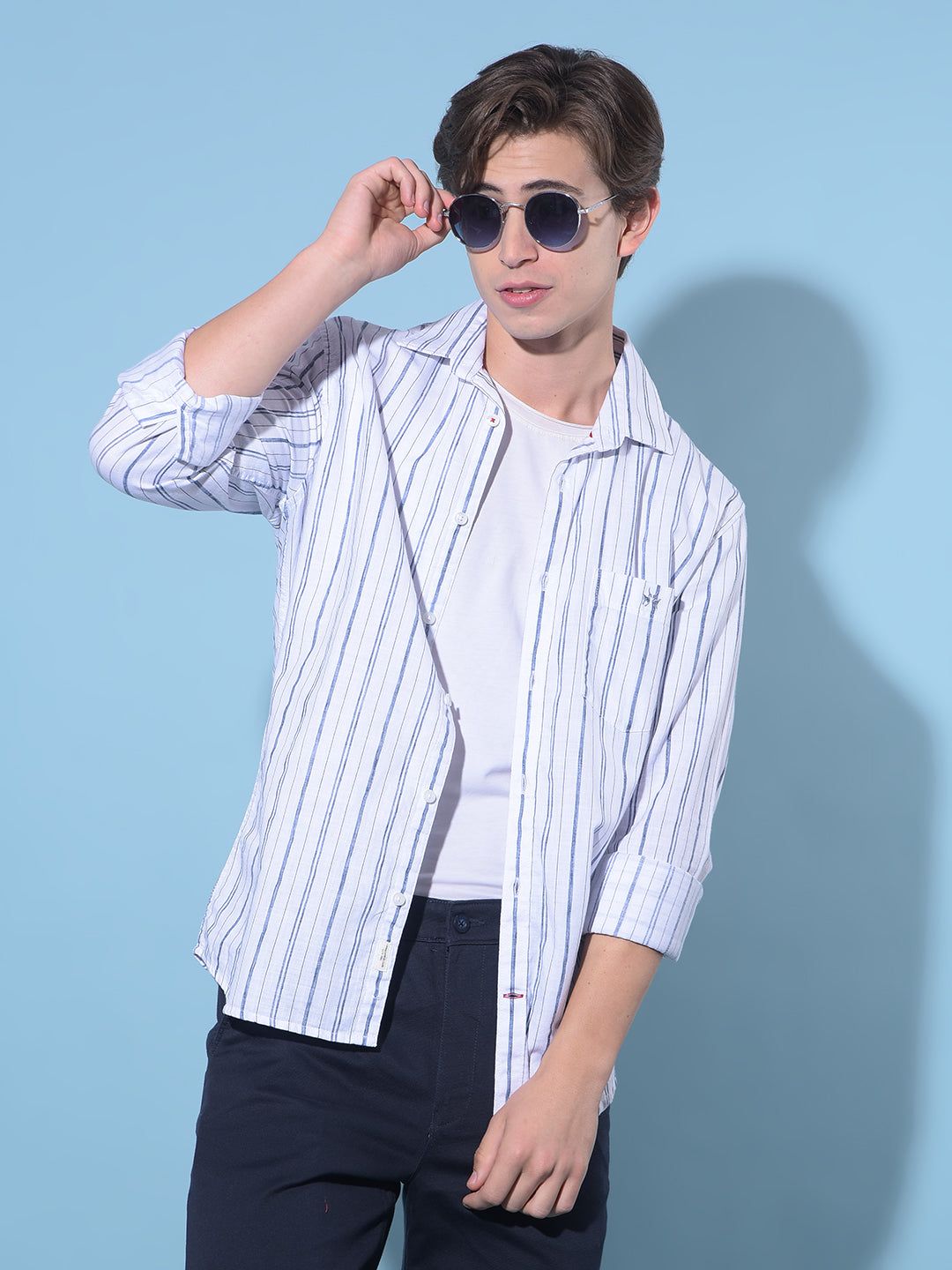 White Vertical Striped Cotton Shirt-M / White