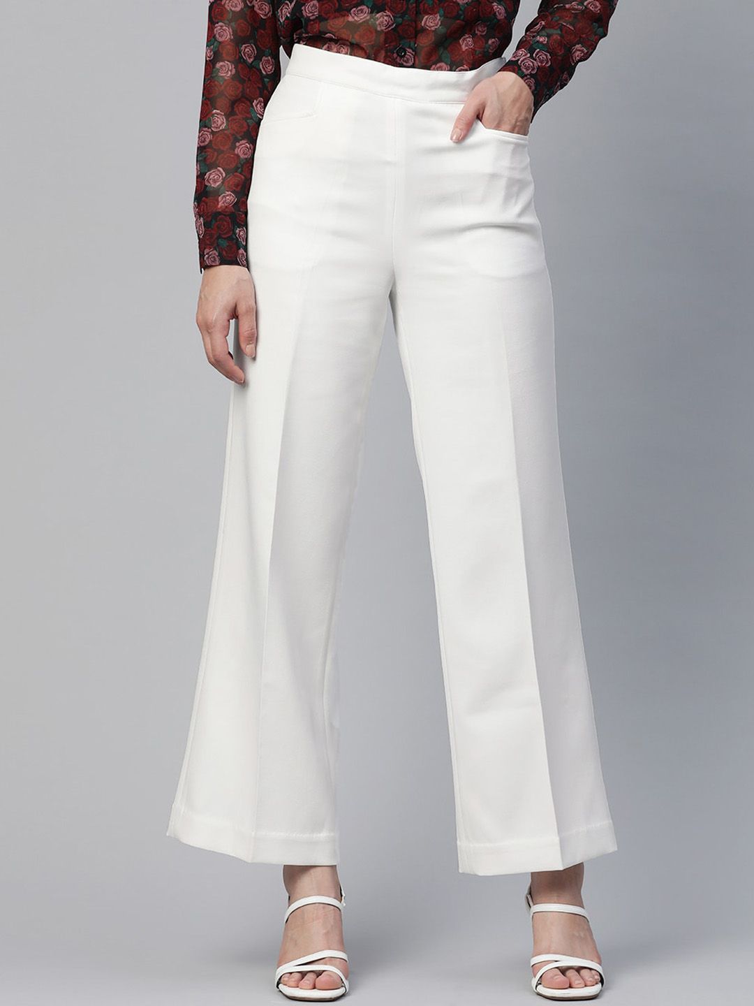 Comfort Fit Mid Waist Wide Bottom Stretch Trouser - White-XS