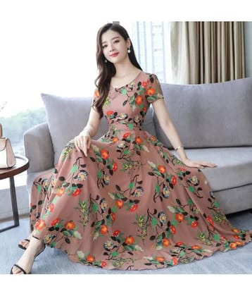 RAABTA FASHIION Women Crepe Printed Fit & Flare Dress ( Peach )