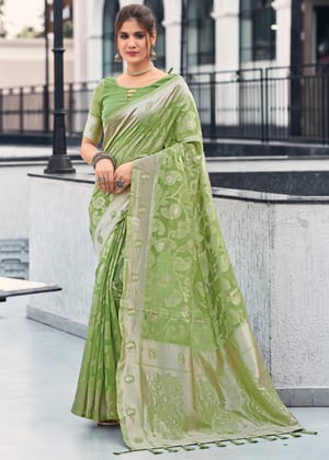 Pista Green Woven Banarasi Silk Saree
