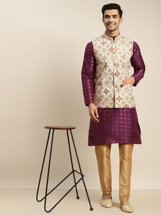 Men's Cotton Purple Kurta and White Pyjama With Cream Nehru Jacket-38