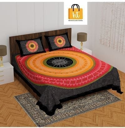 3001-Hometrade India-Standard King Size (90*108 Inches)-Buy Pure Cotton Jaipuri Printed Flat King Size Double Bedsheet With 2 Matching Pillow Cover