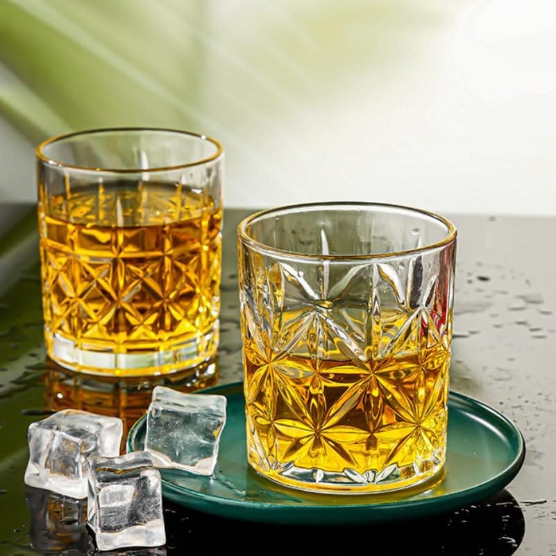 Whiskey Glass | 300 ML | Transparent Old Vintage Fashioned Cocktail Tumblers | Crystal Cut Barware Drinking Glasses for Whisky, Bourbon, Liquor, Wine, Cocktail Drinks |