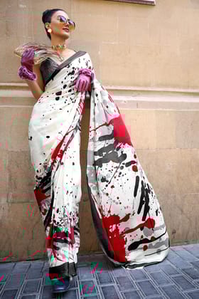 Cream Digital Print Satin Saree