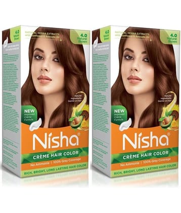 Nisha Creme Hair Color 4.0 Natural Brown 120g Pack of 2, Permanent Hair Colour, No Ammonia, 100% Grey Coverage