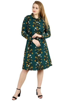 Vertical Floral Printed Buttoned Tie Up Dress-L / Green