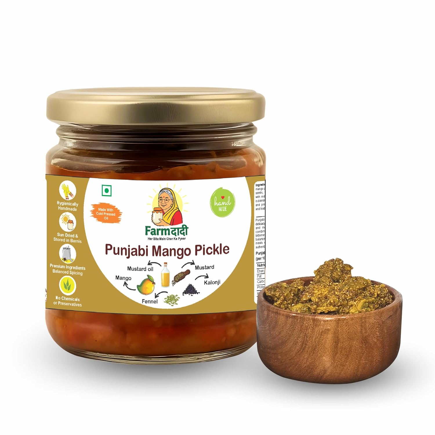 FarmDadi Punjabi Mango Pickle 350g | Homemade Sour & Slightly Spicy Dry Aam Ka Achaar | North Indian Punjabi Style Pickle | Made With Less Oil | No Chemical Preservatives