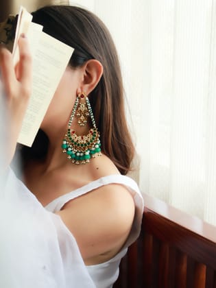 Maheen Red-Green Kundan Chandbali Earrings-Green