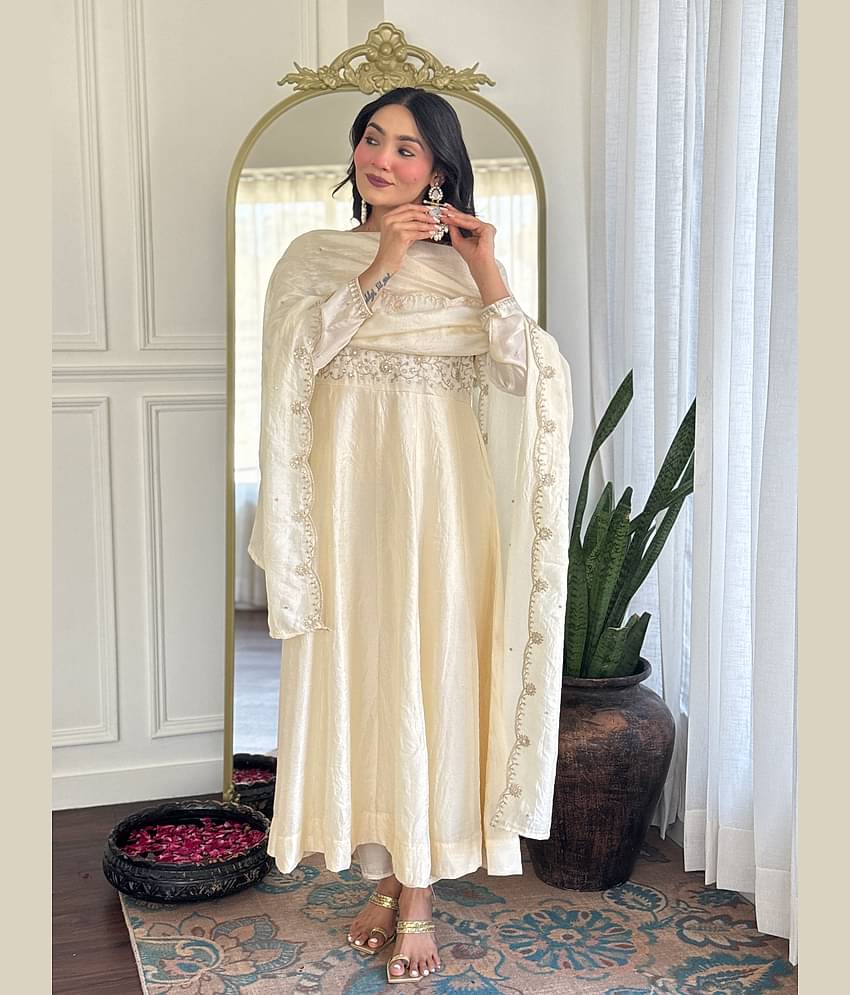 OMICRON FAB Women Chanderi Embroidered Anarkali Kurti With Palazzo ( Cream )