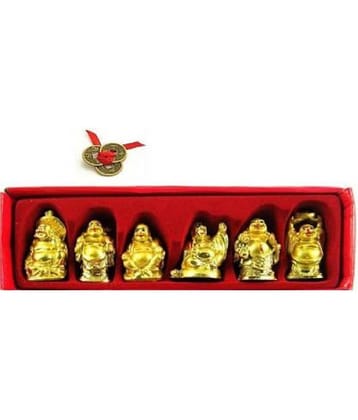 PAYSTORE Polyresin Feng Shui Set of 6 Laughing Buddha Statue For Wealth And Success,(2X1X1 Inch, Gold)