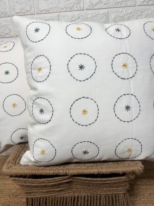 Indihomecraft Handicraft Cotton Cushion Cover - Hand Stitched Embroidery Decorative Art Boho Pillow Boho Round Shape Hand Made Pillow Cover | Square Shape 18X18 Inches Cushion Cover Set of 2