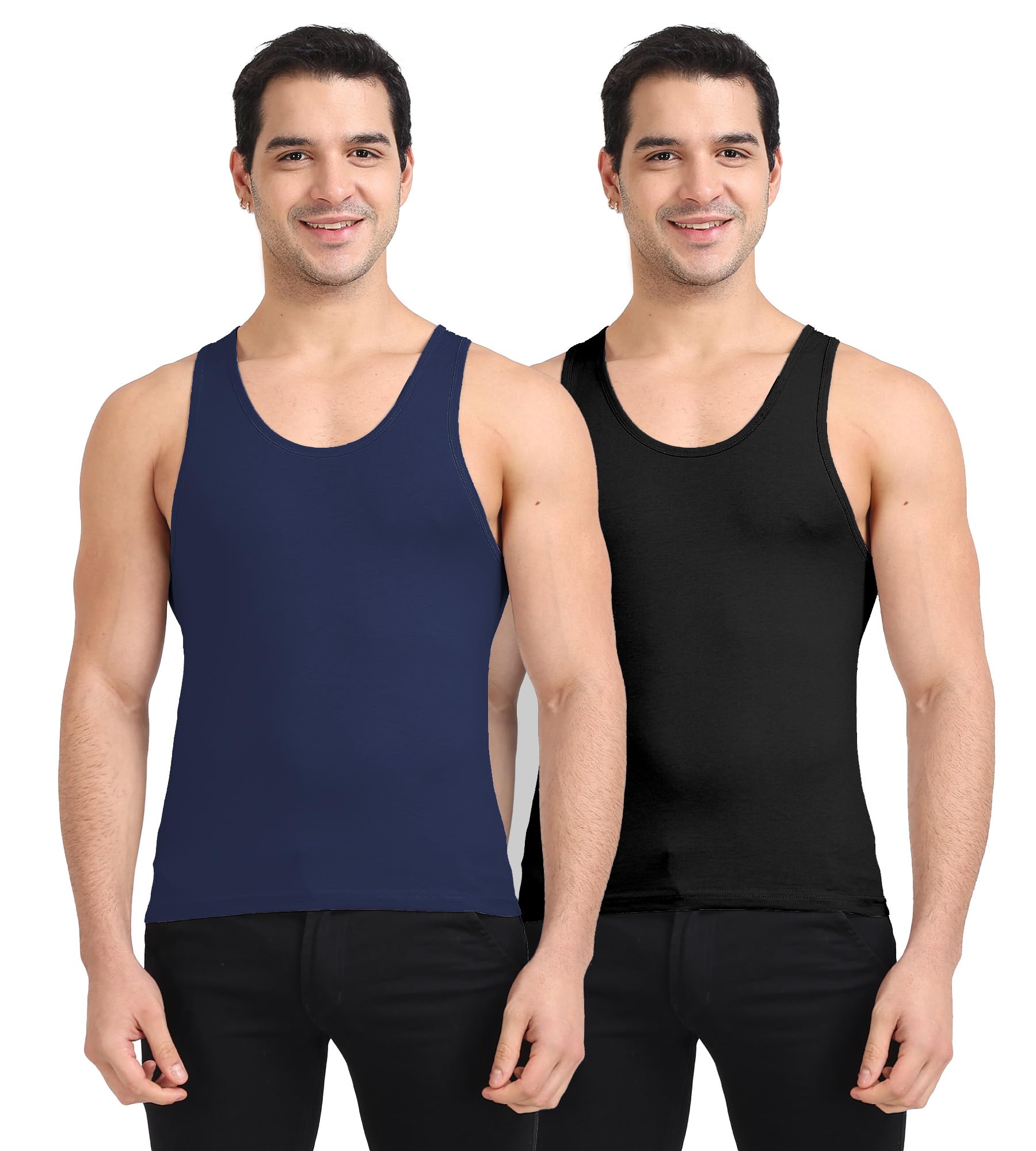 Freecultr Cotton Vest for Men Sleeveless Lightweight Solid Round Neck Comfort Vests Breathable & Comfortable Innerwear Sando for Man Regular Fit  Pack of 2-Black,Navy