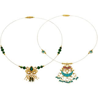 1 Layer Invisible Chain Necklace, Dark Green  Sky Blue Combo, Set of 2