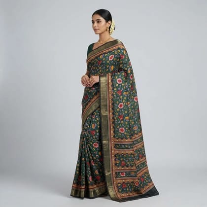 Green Cotton Floral Embroidered Saree For Women Green Cotton Floral Embroidered Saree For Women