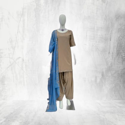 Beige Salwar Kurta Set with Contrast Blue Dupatta | Embroidered Ethnic Outfit | Festive Wear