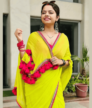 DIKONA DESIGNER Georgette Embroidered Saree With Unstitched Blouse Piece ( Lime Green )