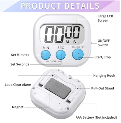 Blue Tick Kitchen Timer and Countdown | Loud Ringer | 99 Miniute Setting | Magnetic or Stand | White | 6 Month Warranty
