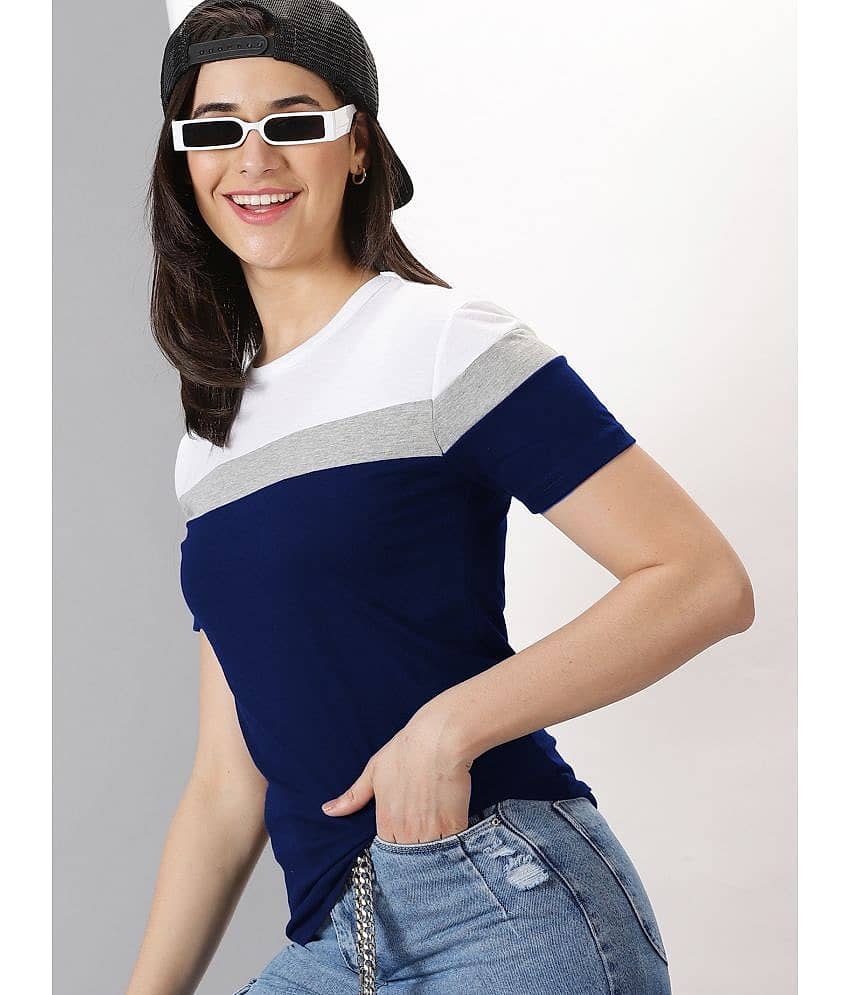 AUSK Women Cotton Blend Colorblock Regular Fit Round Neck T-Shirt ( Navy Blue )