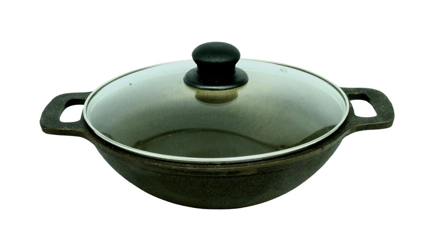 TRILONIUM ButterMold Pre-Seasoned Cast Iron Deep Kadhai | Wok 10.5 inches with Toughened Glass Lid