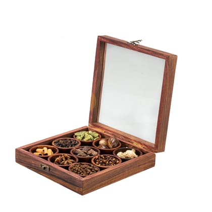 Kerala Spices Wooden Masala Box For Kitchen Spice Box Container 9 in 1 Masala Dabbab Without Spices Kerala Spices Wooden Masala Box For Kitchen Spice Box Container 9 in 1 Masala Dabbab Without Spices