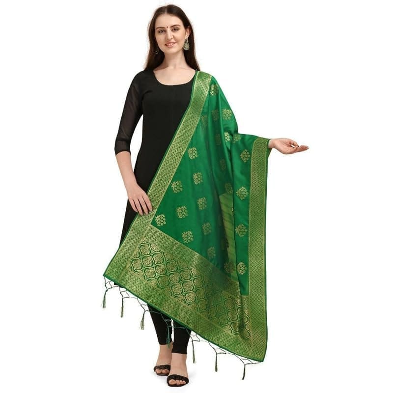Women's Silk Pure Zari weaving Duppatta (Green, Leangth: 2-2.3 Mtrs)-PID44905