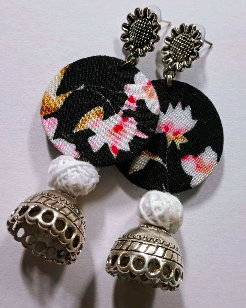 Floral Fabric Earrings with Traditional Silver Zumka